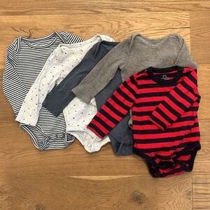 Five 12-18 month gap onesies - blue, grey, red